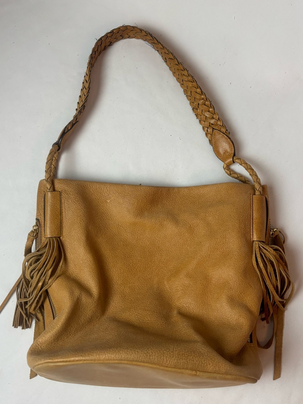 Aimee Kestenberg Leather Bucket Shoulder Bag Fringe Conceal Carry Pocket Tan
